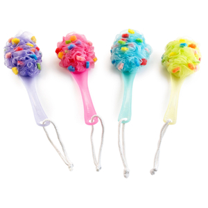 Bathroom Scrubber Shower Brush Eco-friendly PE Puff Bath Brushes With Plastic Long Handle TJ036